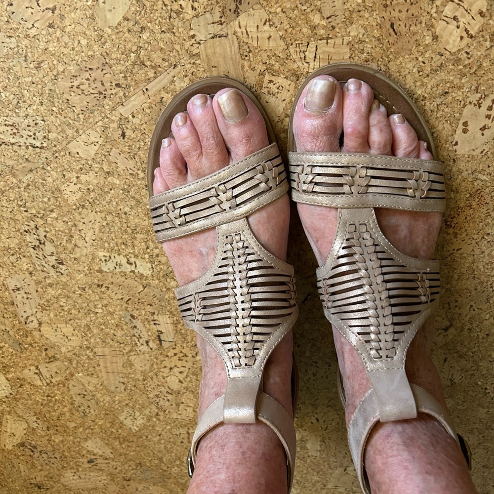 Corkys Tan Geometric T-Strap Sandals
